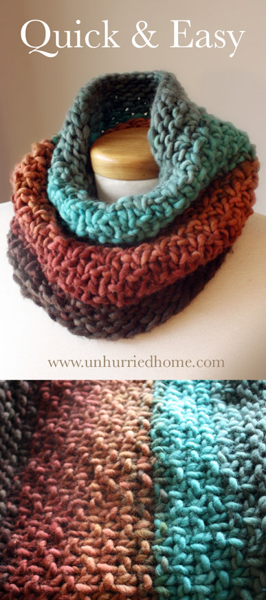 This quick and easy cowl uses the Three Turn Cowl knitting pattern from CreatingLaura.com; the yarn is Freia Handpaint Yarns' Super Bulky in Canyon. 